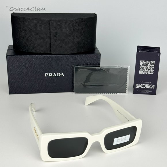 NEW Prada PR A07S 1425S0 Talc White Dark Grey Rectangle Unisex Sunglasses - Picture 1 of 9